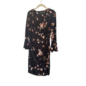 Lauren Ralph Lauren Navy Floral Print Dress Bell Sleeves Size 14 Career Work